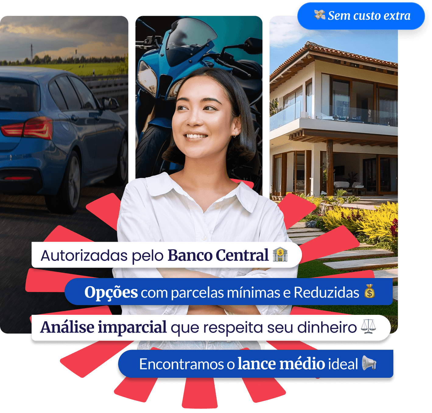 Consultora da Aja Agora cercada por opções de carro, moto e imóvel, com balões destacando administradoras autorizadas pelo Banco Central, parcelas reduzidas, análise imparcial e o lance médio ideal, sem custo extra