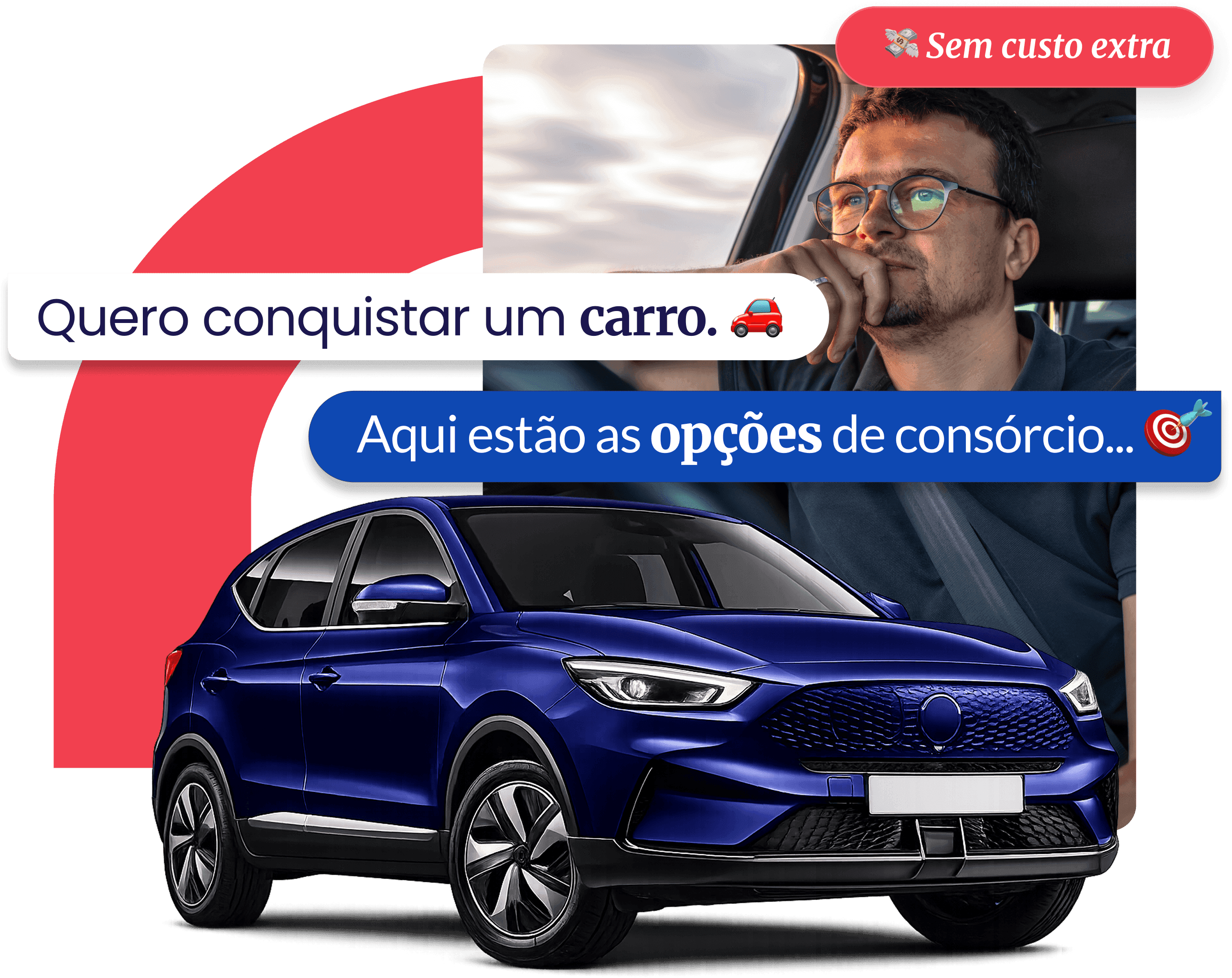 Motorista sorrindo ao volante, ao lado do SUV e da conversa com a Aja