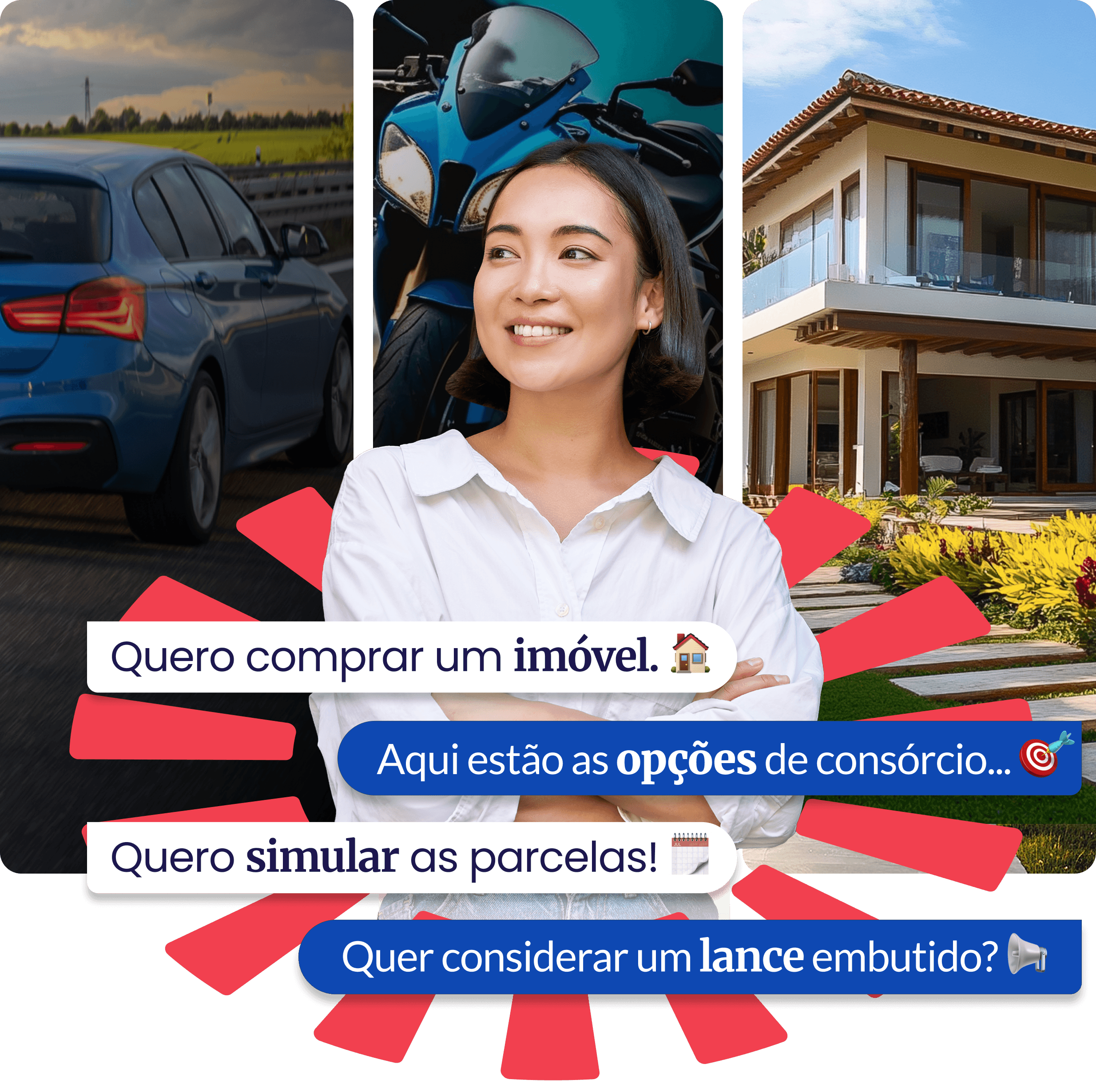 Consultora da Aja Agora cercada por opções de carro, moto e imóvel, com balões de chat mostrando a conversa com o consórcio