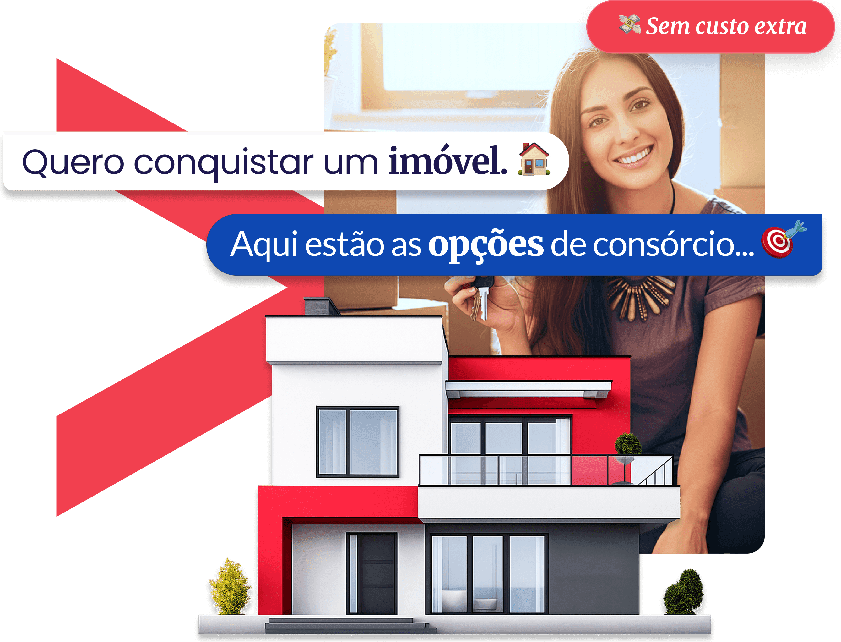 Mulher sorrindo com a chave do imóvel na mão, ao lado da fachada da casa e da conversa com a Aja