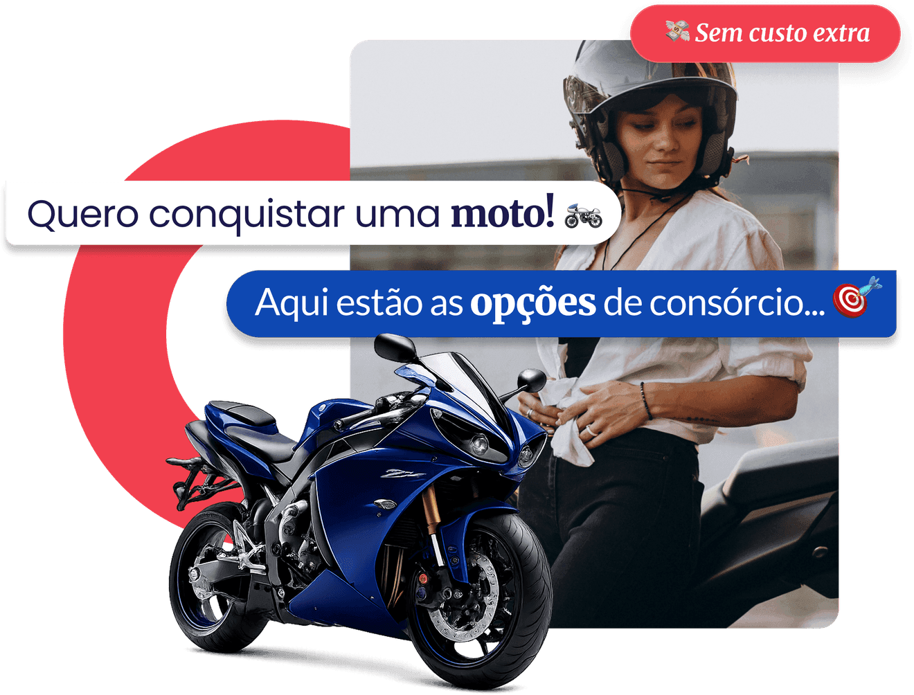 Motociclista de capacete ao lado da moto esportiva e da conversa com a Aja